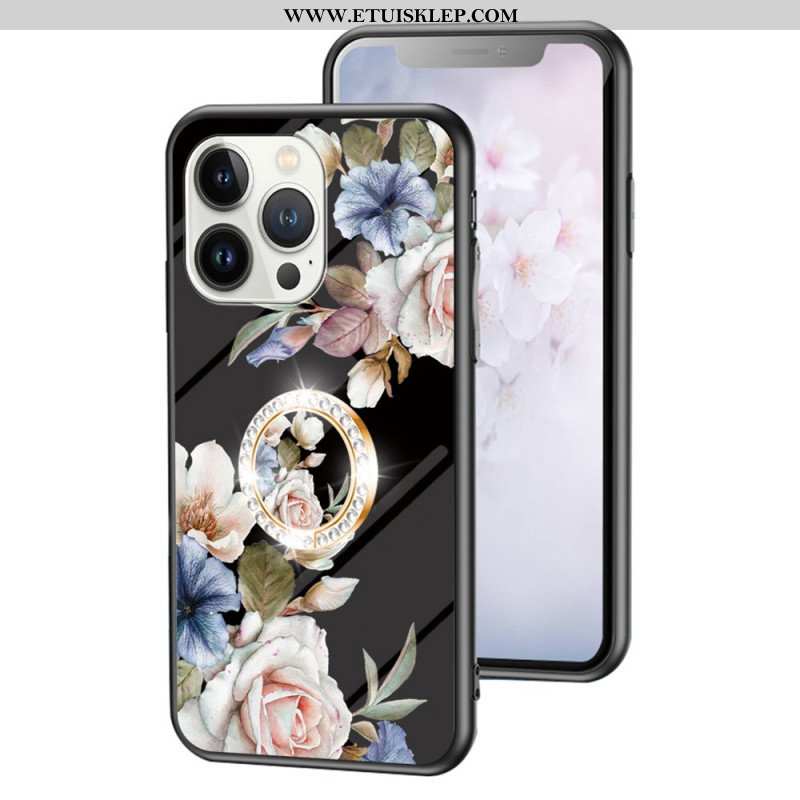 Etui do iPhone 15 Pro Szkło Hartowane W Kwiaty Z Pierścieniem Podtrzymującym